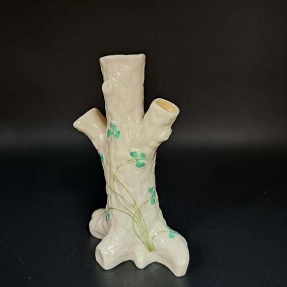 Belleek Irish Porcelain Shamrock Tree Stump Bud Vase Vintage Green Stamp - Picture 7 of 15